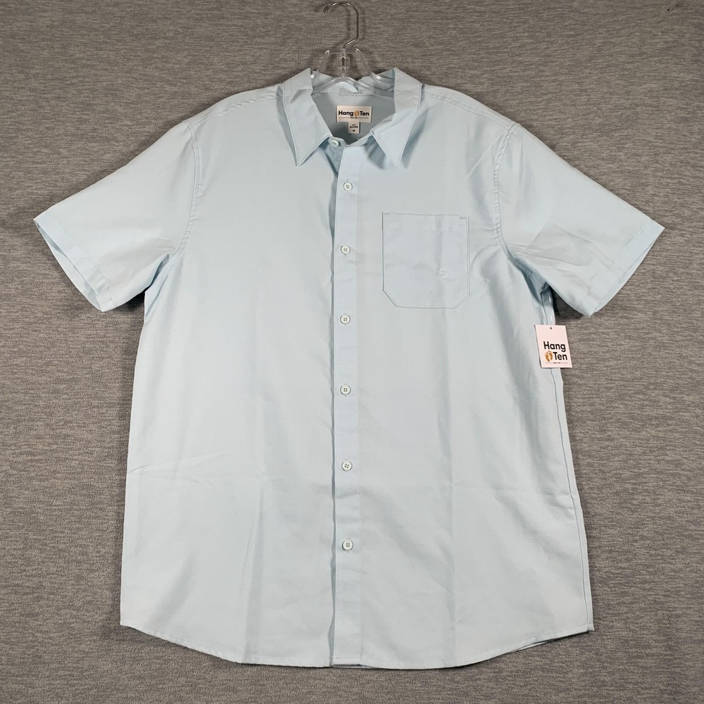 Hang Ten Shirt Mens Medium Blue Solid Island SS Campshirt Button Front Casual
